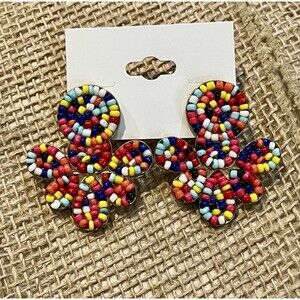 Hand Beaded Rainbow Seed Bead On Gold Tone Back Pierced Earrings Boho